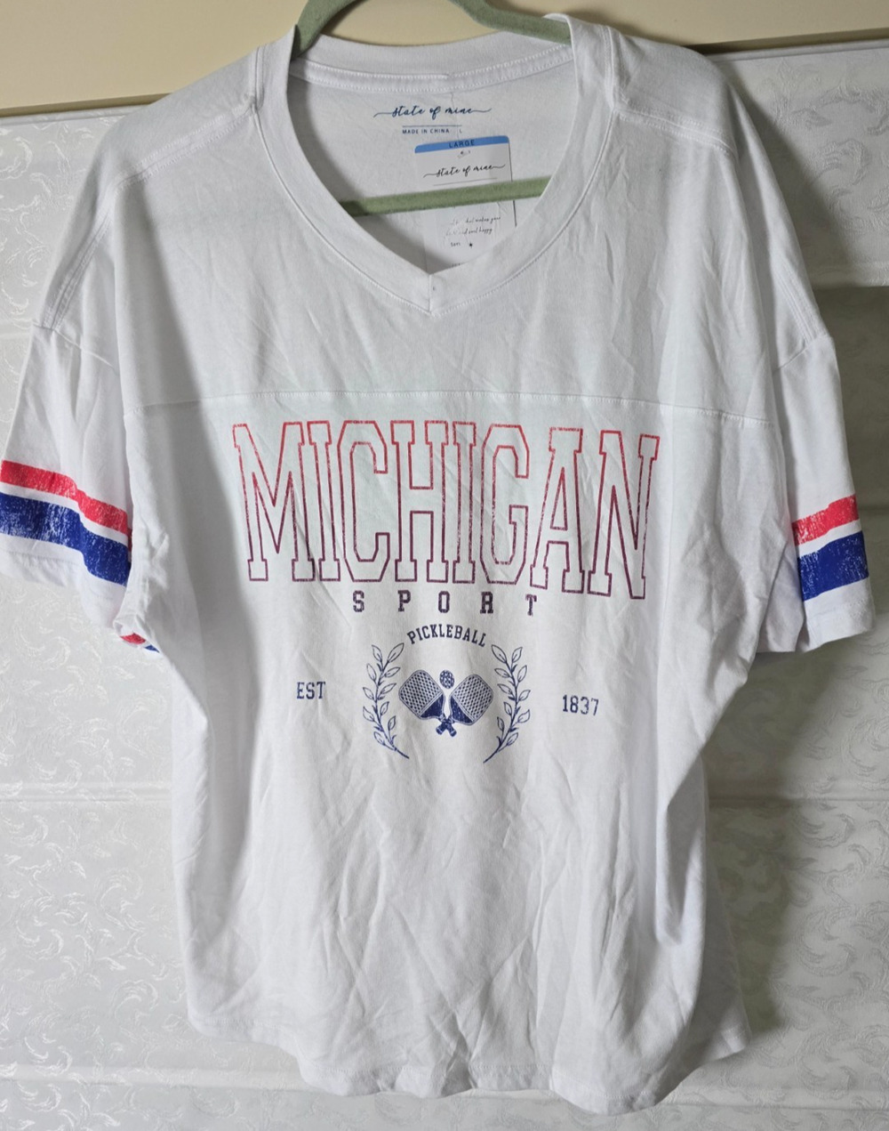 State of Mine Women's L Michigan Pickleball V-Neck Varsity T-Shirt White NWT NEW